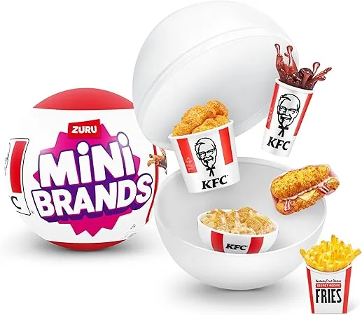 Official ZURU Mini Brands KFC mystery capsule with miniature chicken bucket, secret recipe fries, and fast food treats