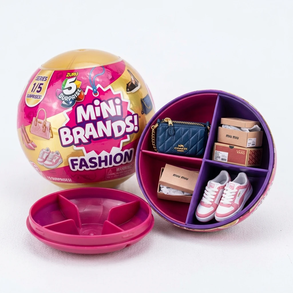 Official ZURU 5 Surprise Mini Brands Fashion capsule with miniature designer handbag, shoeboxes, and sneakers with real laces