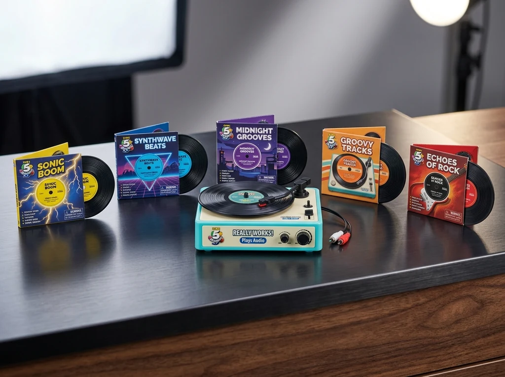 5 Surprise Mini Brands Really Works Vinyl miniature turntable and playable record albums